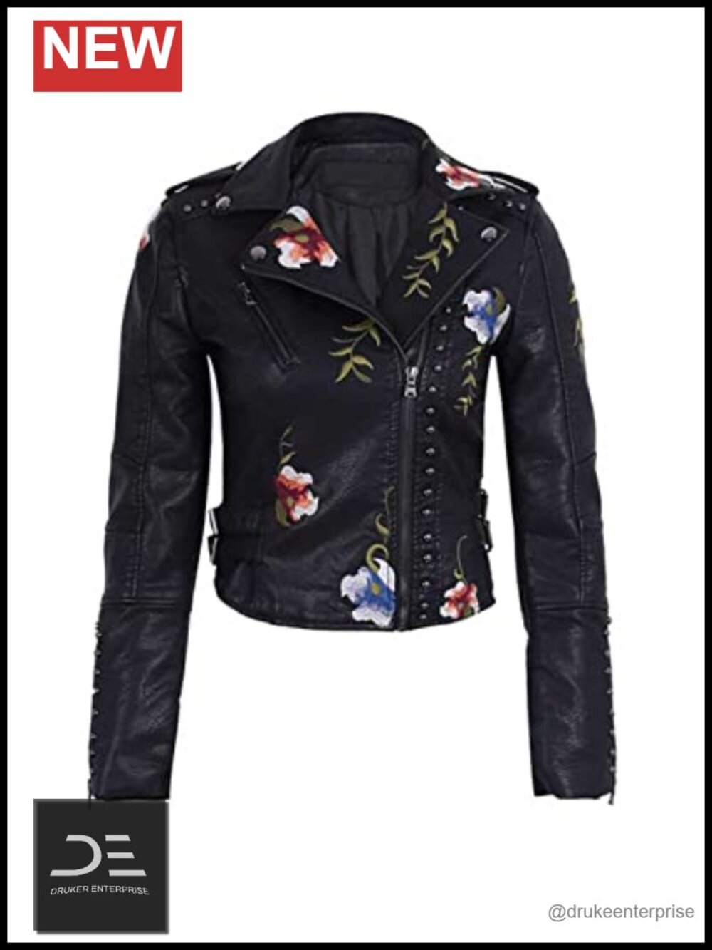 Women's Embroidered Studded Faux Leather Moto Jacket Floral Coat
